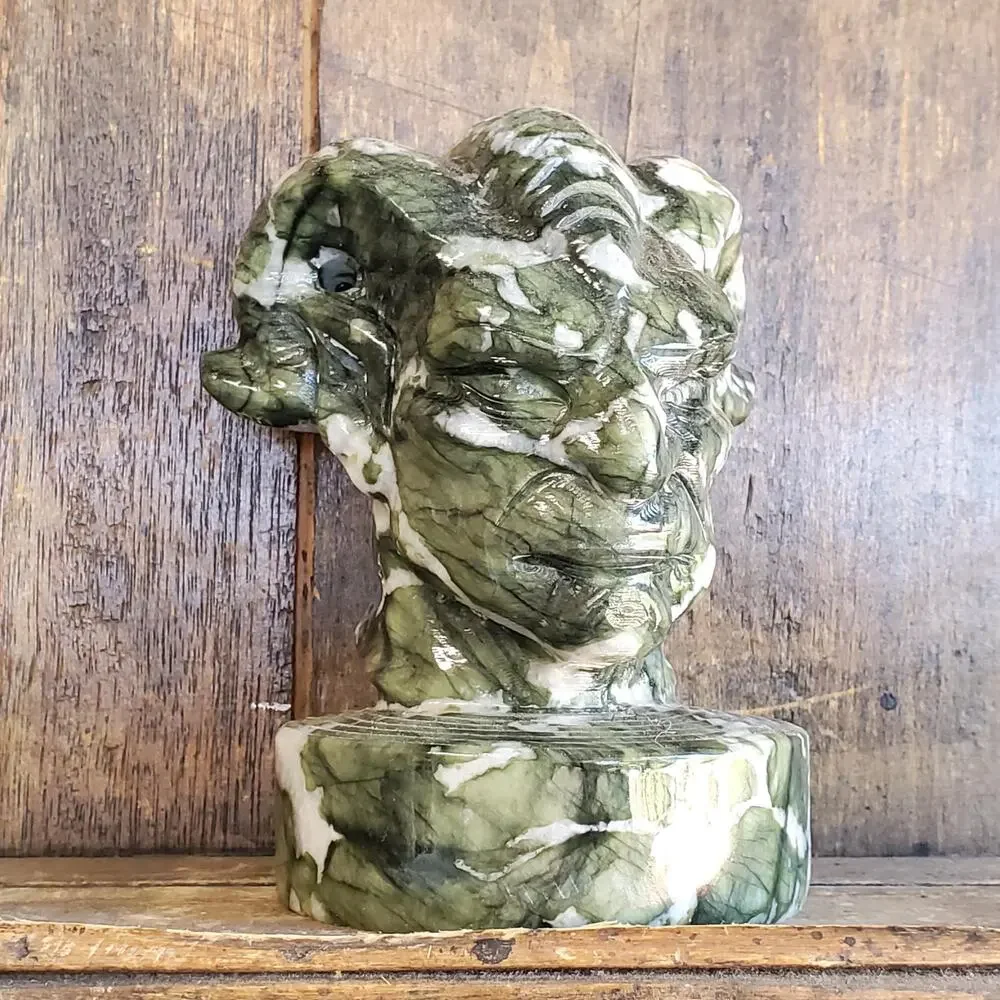 Velnias Horned Bust Serpentine Jade Demon Head Bust Crystal Skull 1740 grams